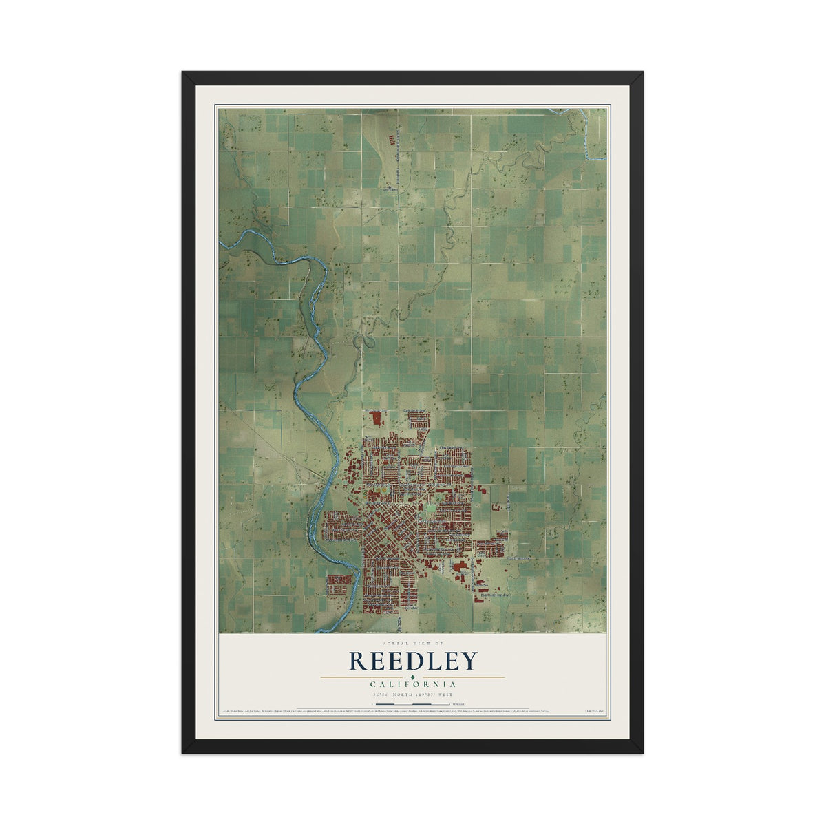 Map of Reedley, California, 12 x 18 inch print in a black wood frame