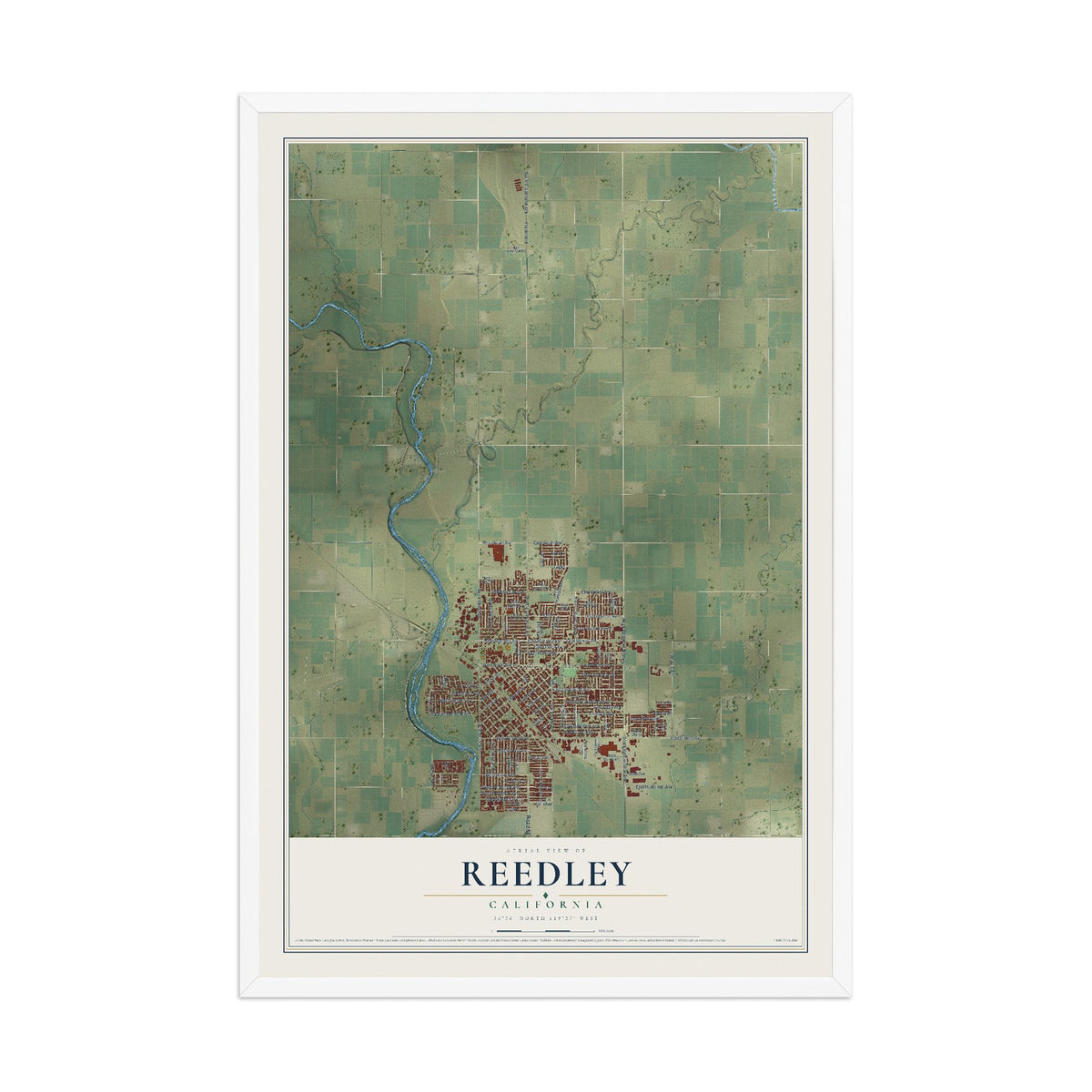 Map of Reedley, California, 12 x 18 inch print in a white wood frame