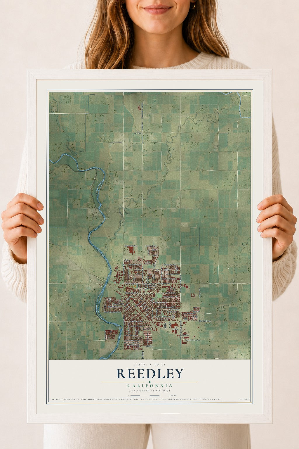 Map of Reedley, California, 18 x 24 inch print in a white wood frame
