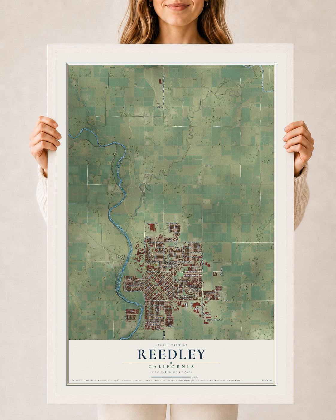 Map of Reedley, California, 24 x 36 inch print in a white wood frame
