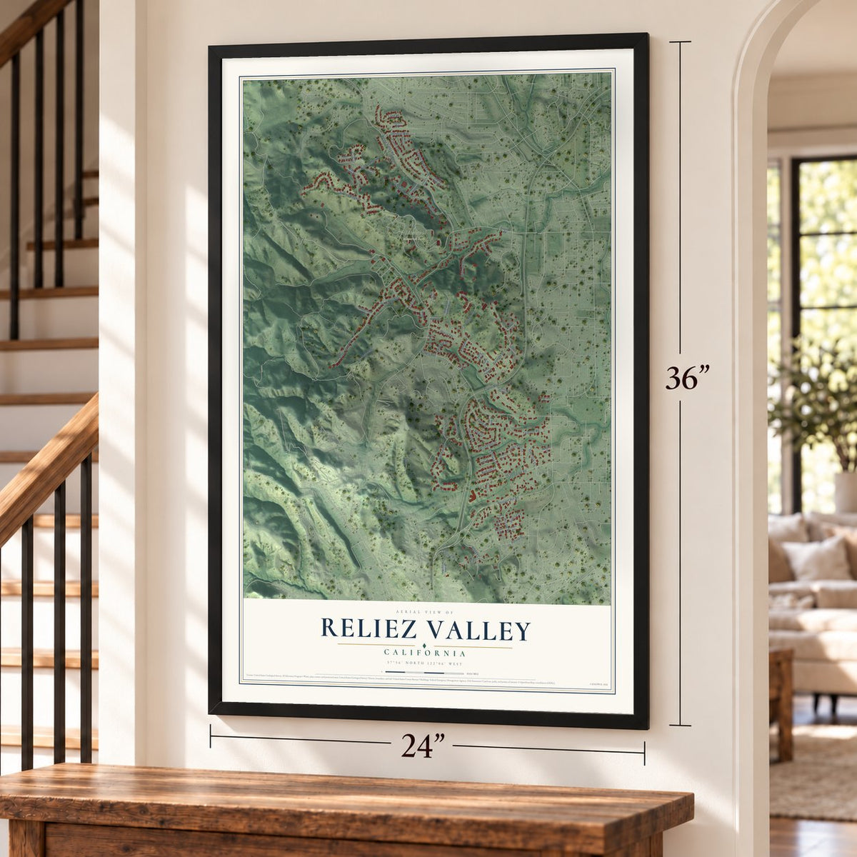Reliez Valley, California map, 24 x 36 inch print in a black frame by a staircase