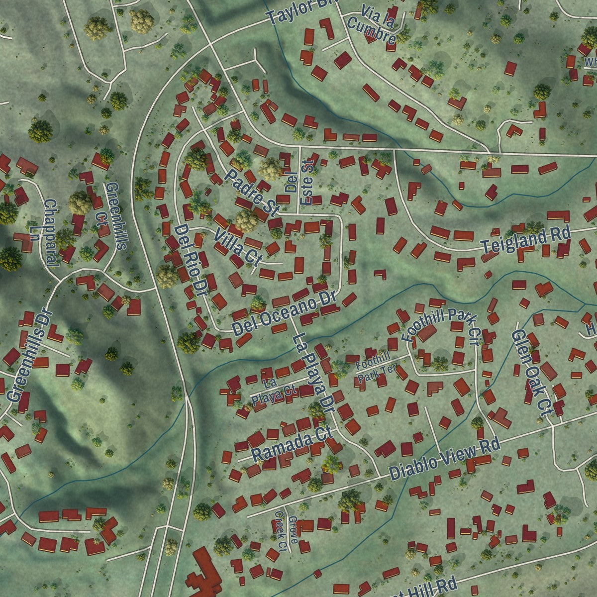 Close-up of the map of Reliez Valley, California print showing street and building detail