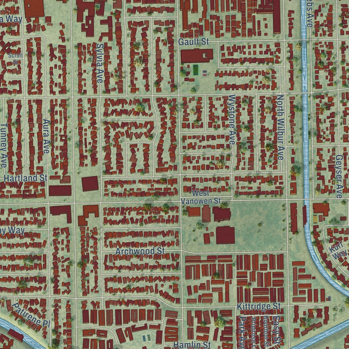 Close-up of the map of Reseda, California print showing street and building detail