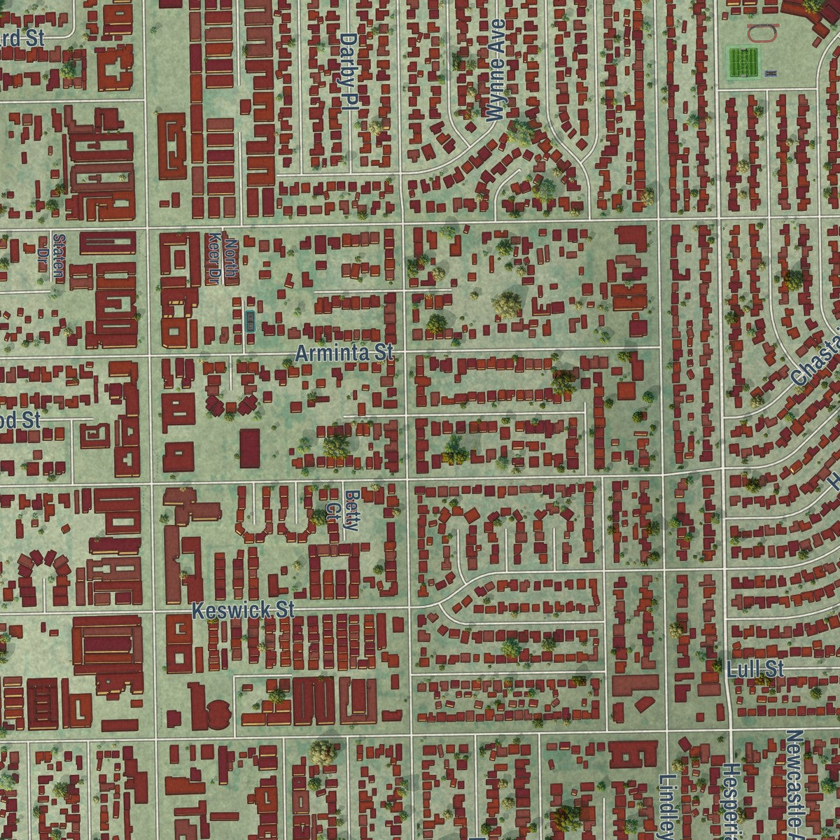 Second close-up of the map of Reseda, California print showing more streets and buildings