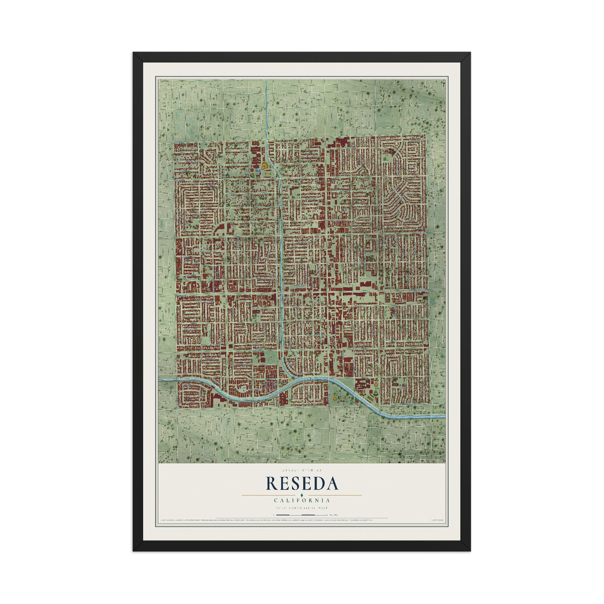 Map of Reseda, California, 12 x 18 inch print in a black wood frame