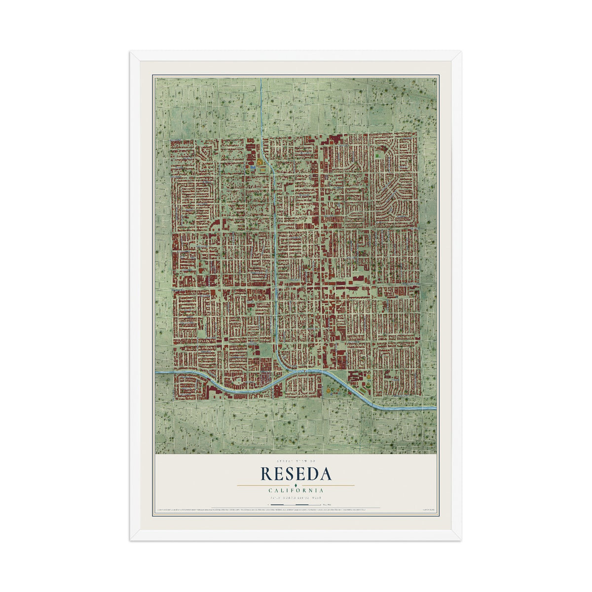 Map of Reseda, California, 12 x 18 inch print in a white wood frame