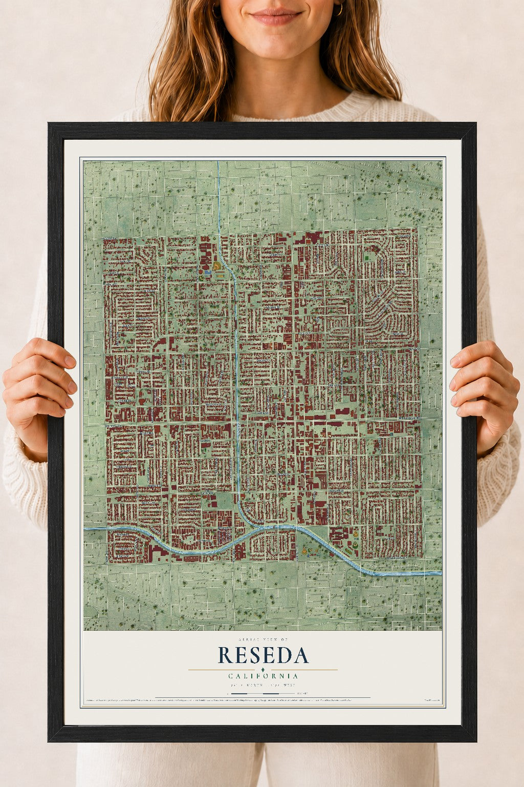 Map of Reseda, California, 18 x 24 inch print in a black wood frame