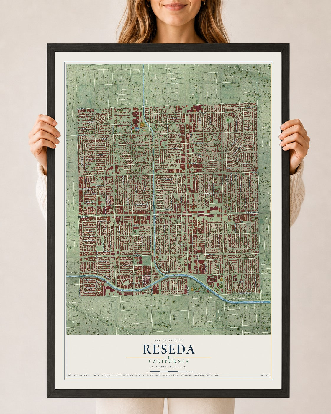 Map of Reseda, California, 24 x 36 inch print in a black wood frame