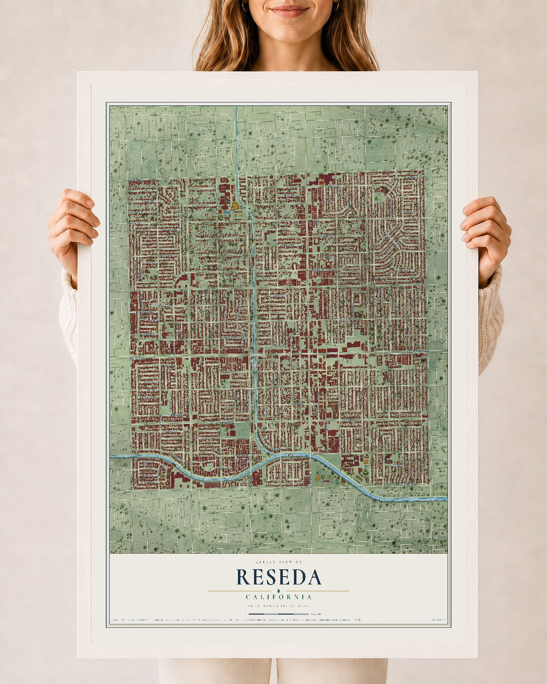 Map of Reseda, California, 24 x 36 inch print in a white wood frame