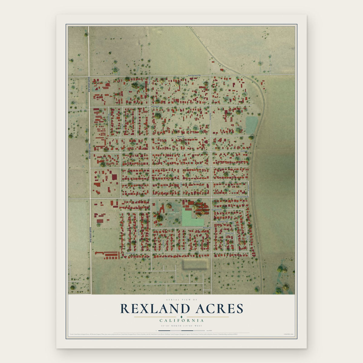 Rexland Acres, California map print, the full design
