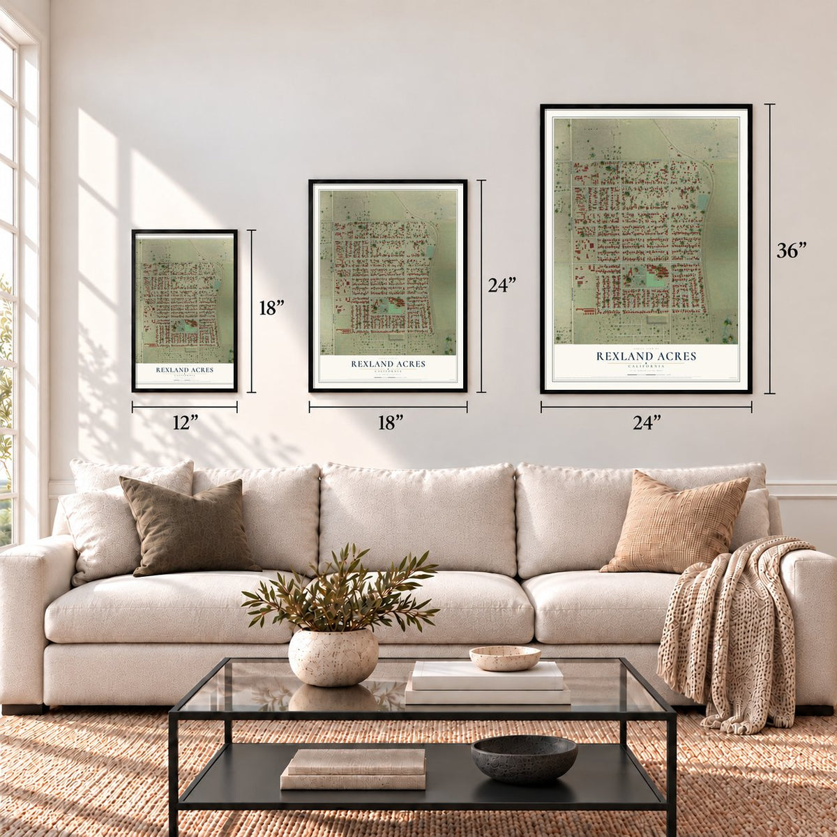 Rexland Acres, California map in 12 x 18, 18 x 24 and 24 x 36 inch sizes above a sofa