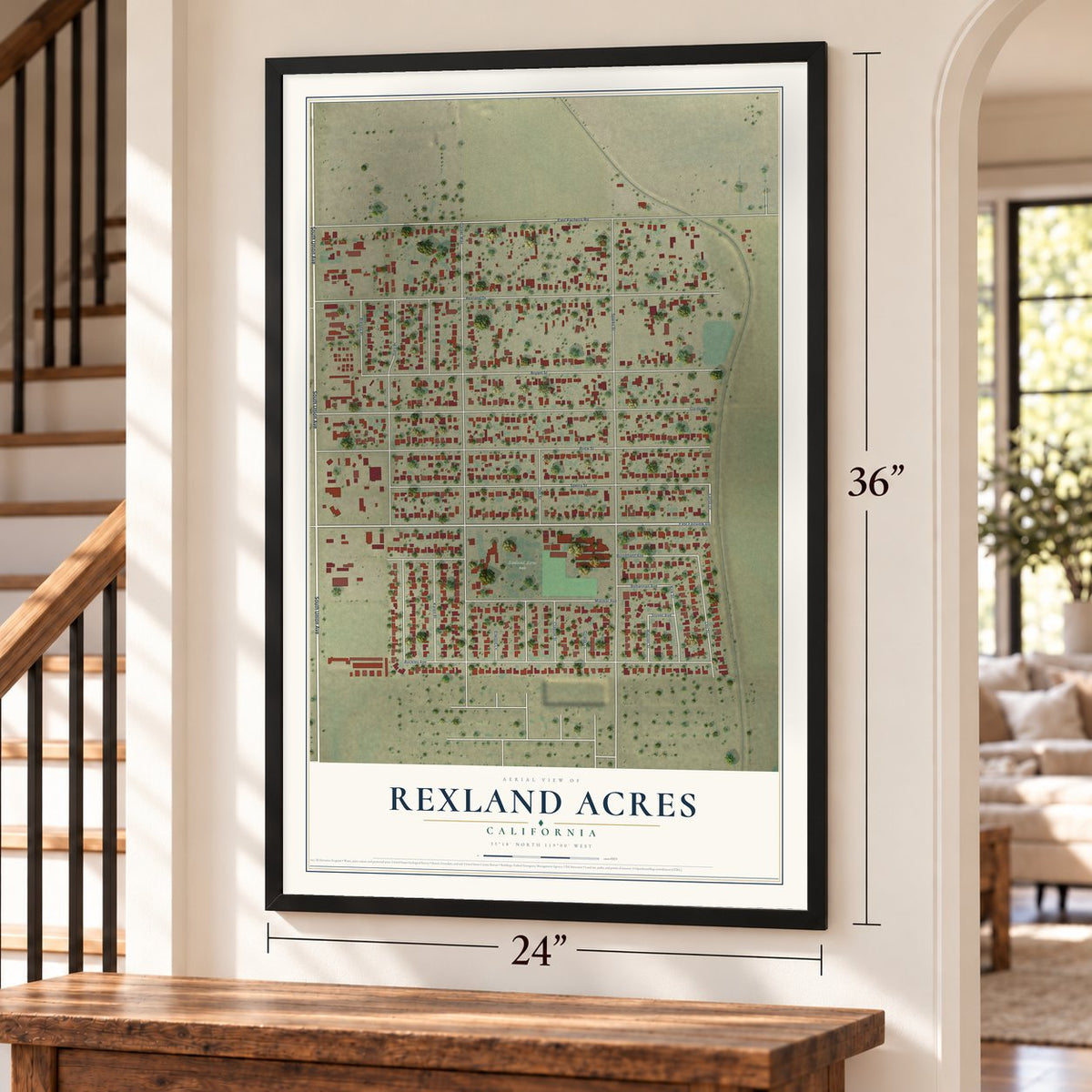 Rexland Acres, California map, 24 x 36 inch print in a black frame by a staircase