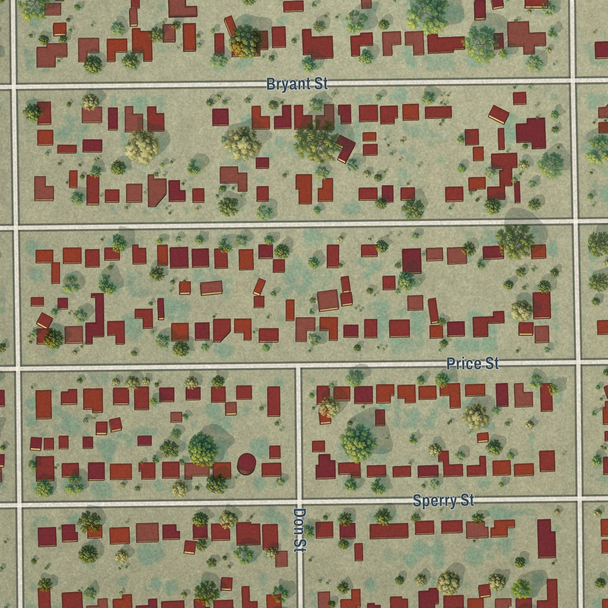 Close-up of the map of Rexland Acres, California print showing street and building detail