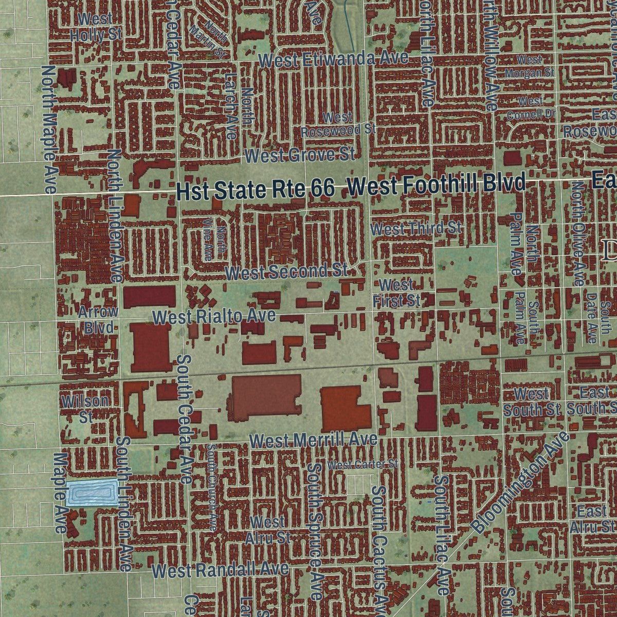 Close-up of the map of Rialto, California print showing street and building detail