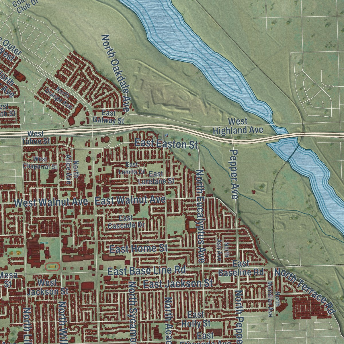 Second close-up of the map of Rialto, California print showing more streets and buildings