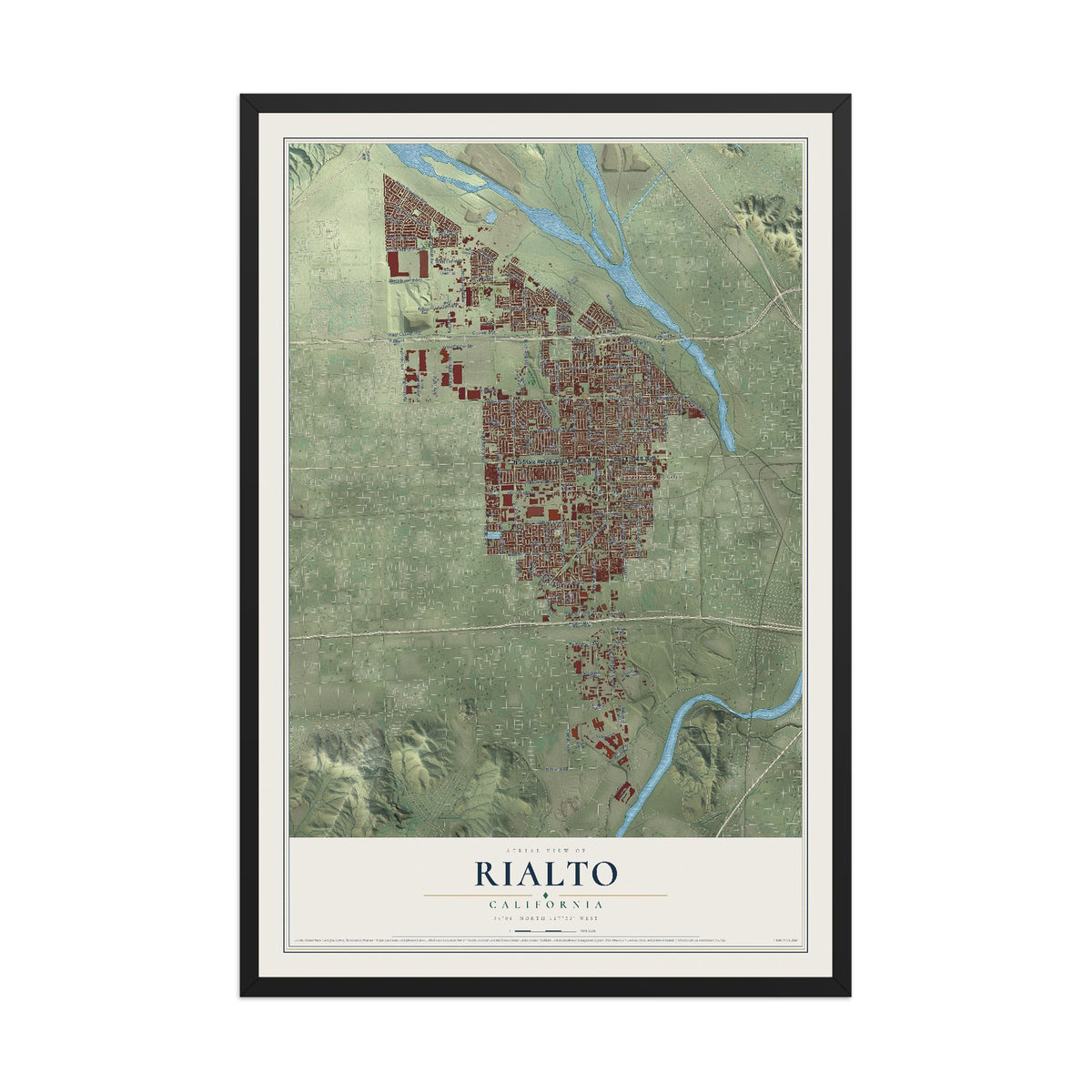 Map of Rialto, California, 12 x 18 inch print in a black wood frame