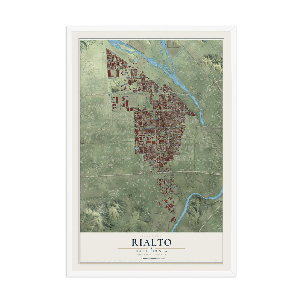 Map of Rialto, California, 12 x 18 inch print in a white wood frame