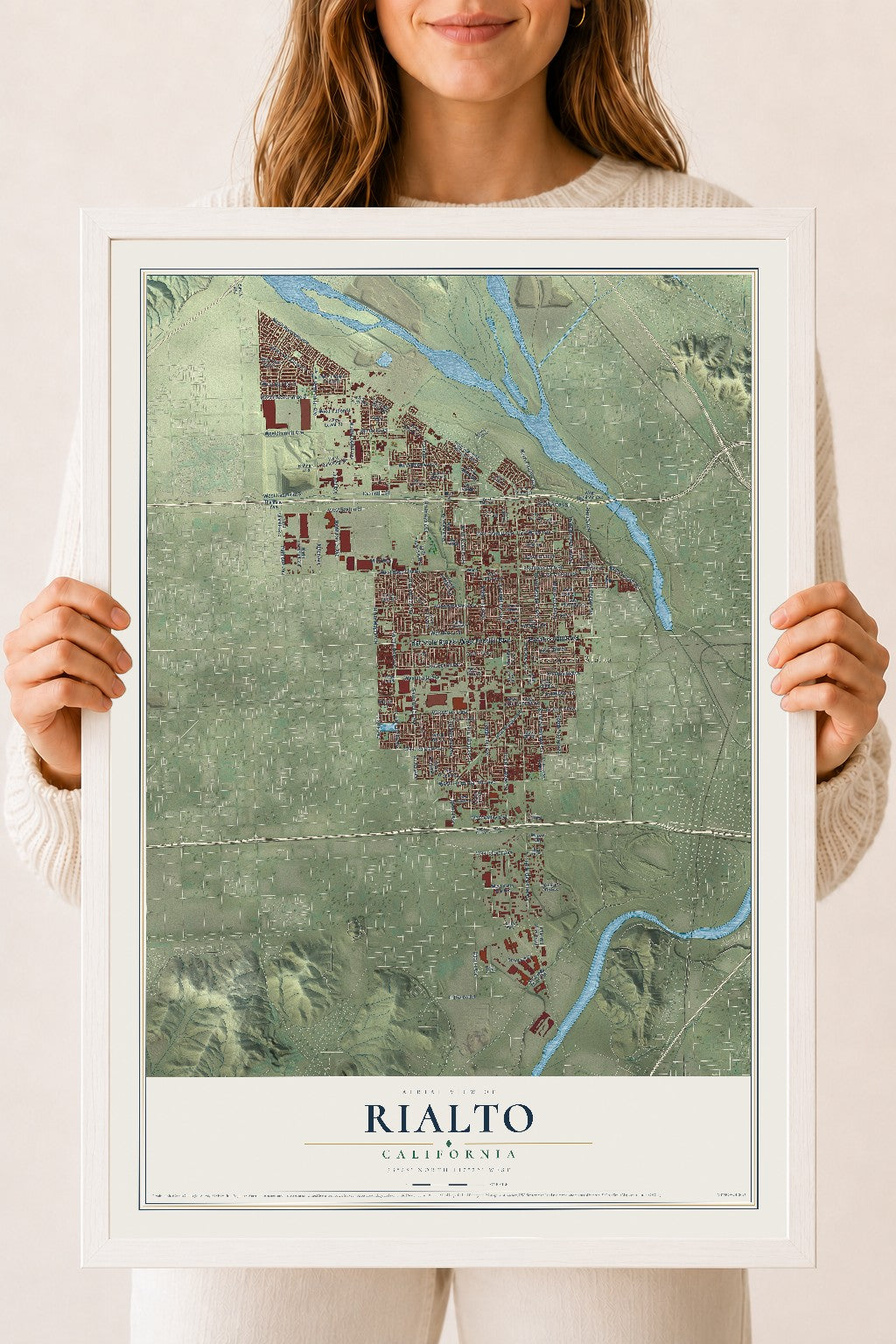 Map of Rialto, California, 18 x 24 inch print in a white wood frame