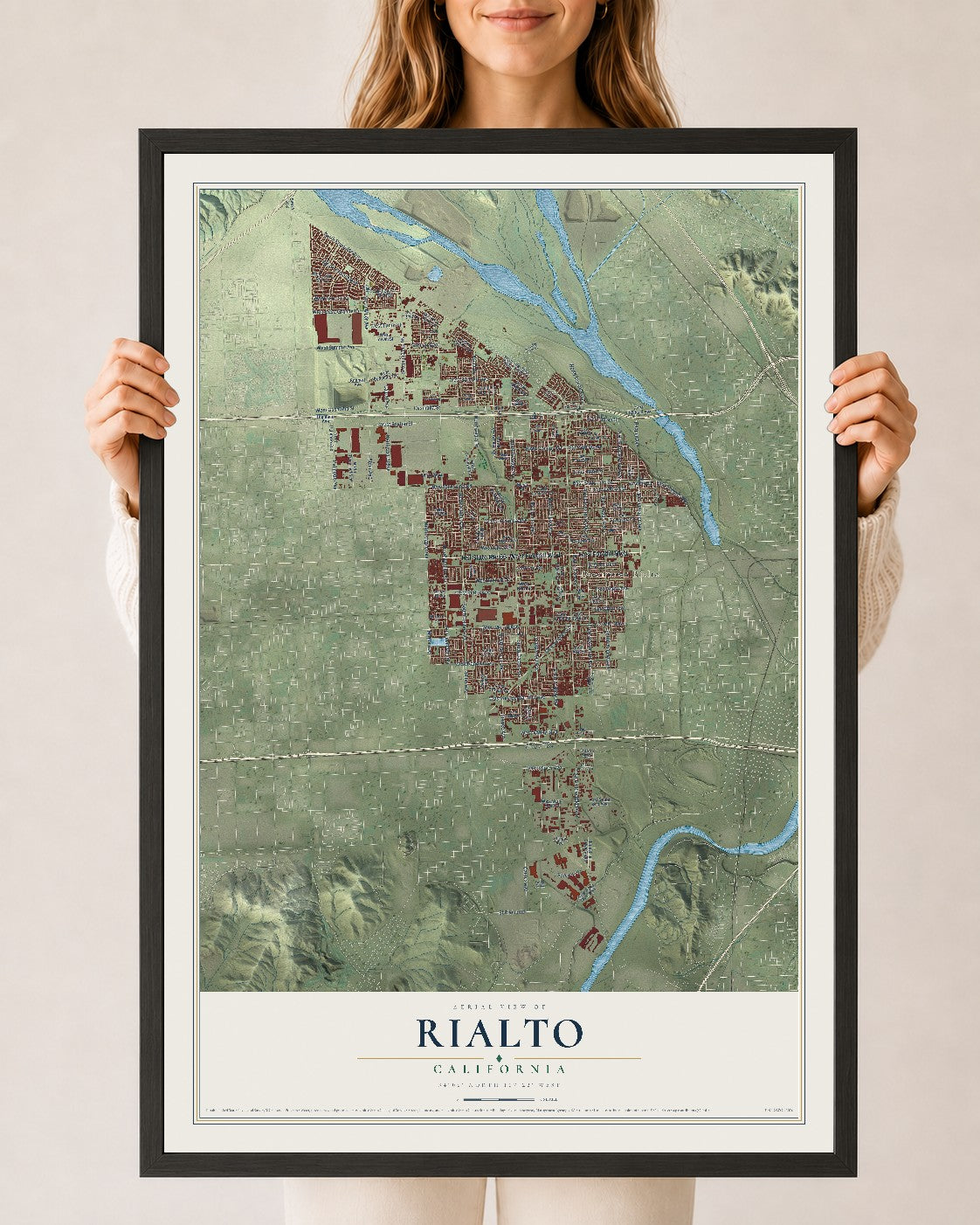 Map of Rialto, California, 24 x 36 inch print in a black wood frame