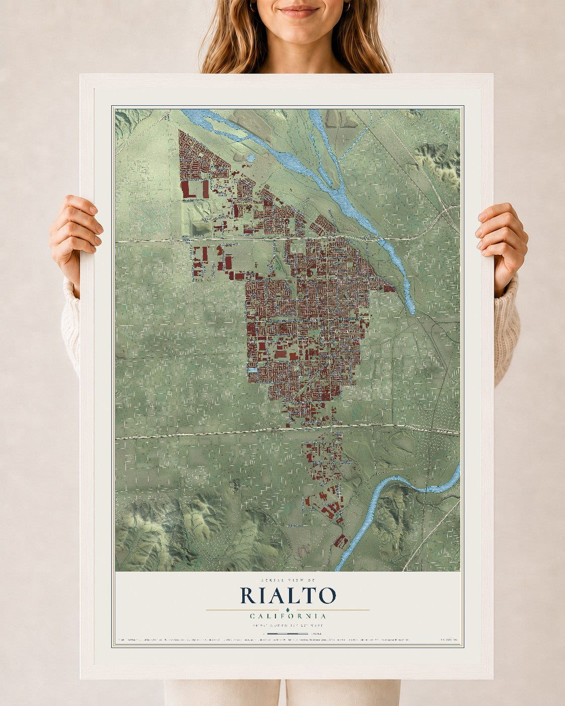 Map of Rialto, California, 24 x 36 inch print in a white wood frame