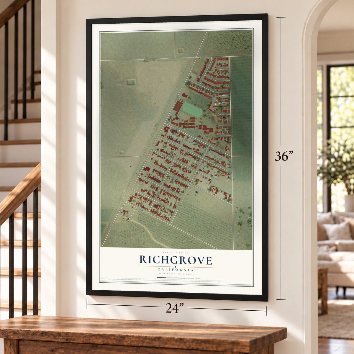 Richgrove, California map, 24 x 36 inch print in a black frame by a staircase