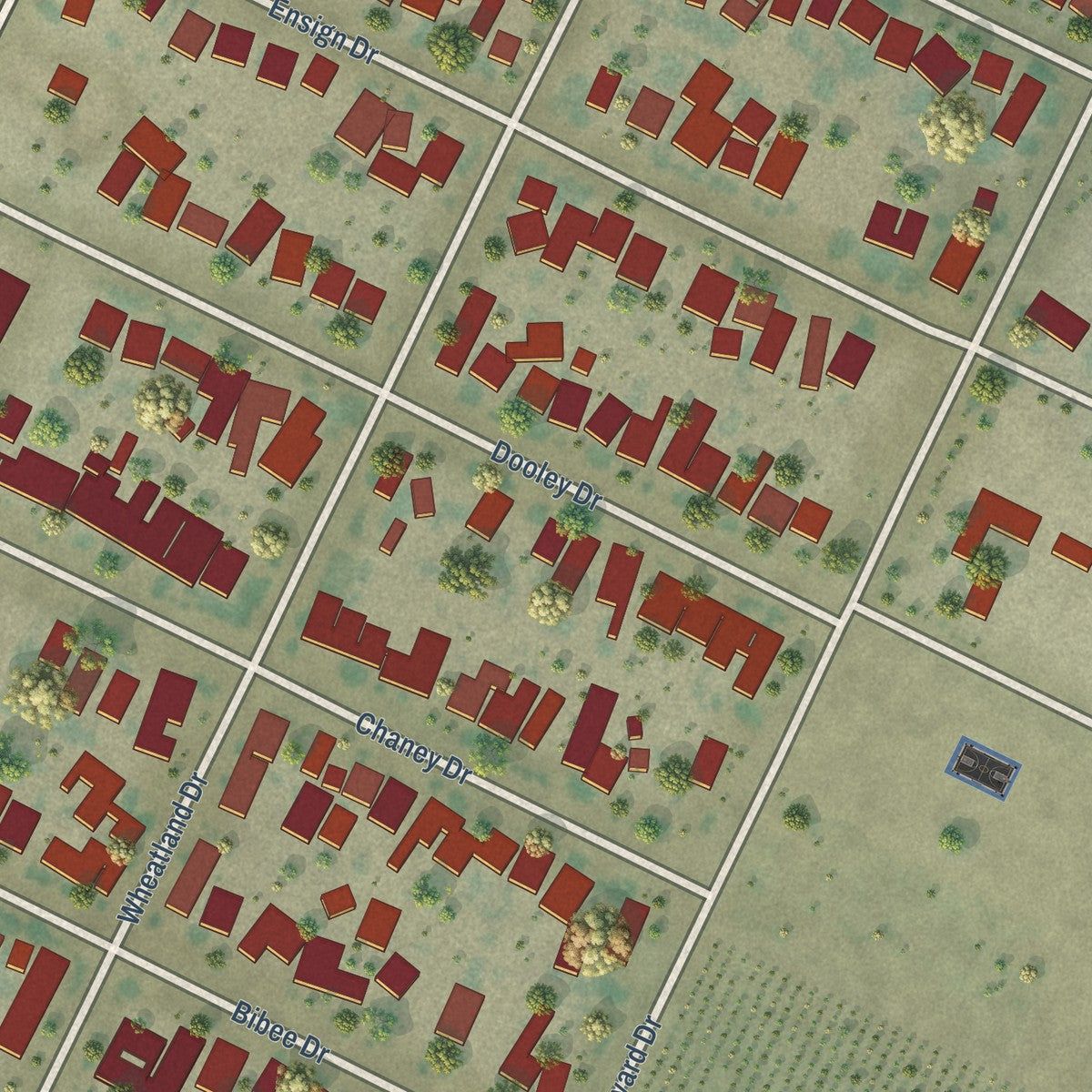 Close-up of the map of Richgrove, California print showing street and building detail
