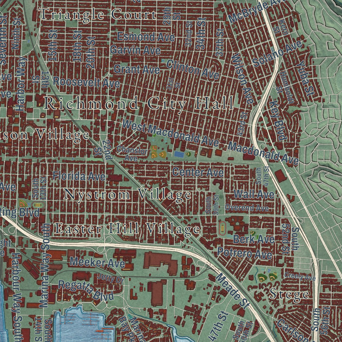 Close-up of the map of Richmond, California print showing street and building detail