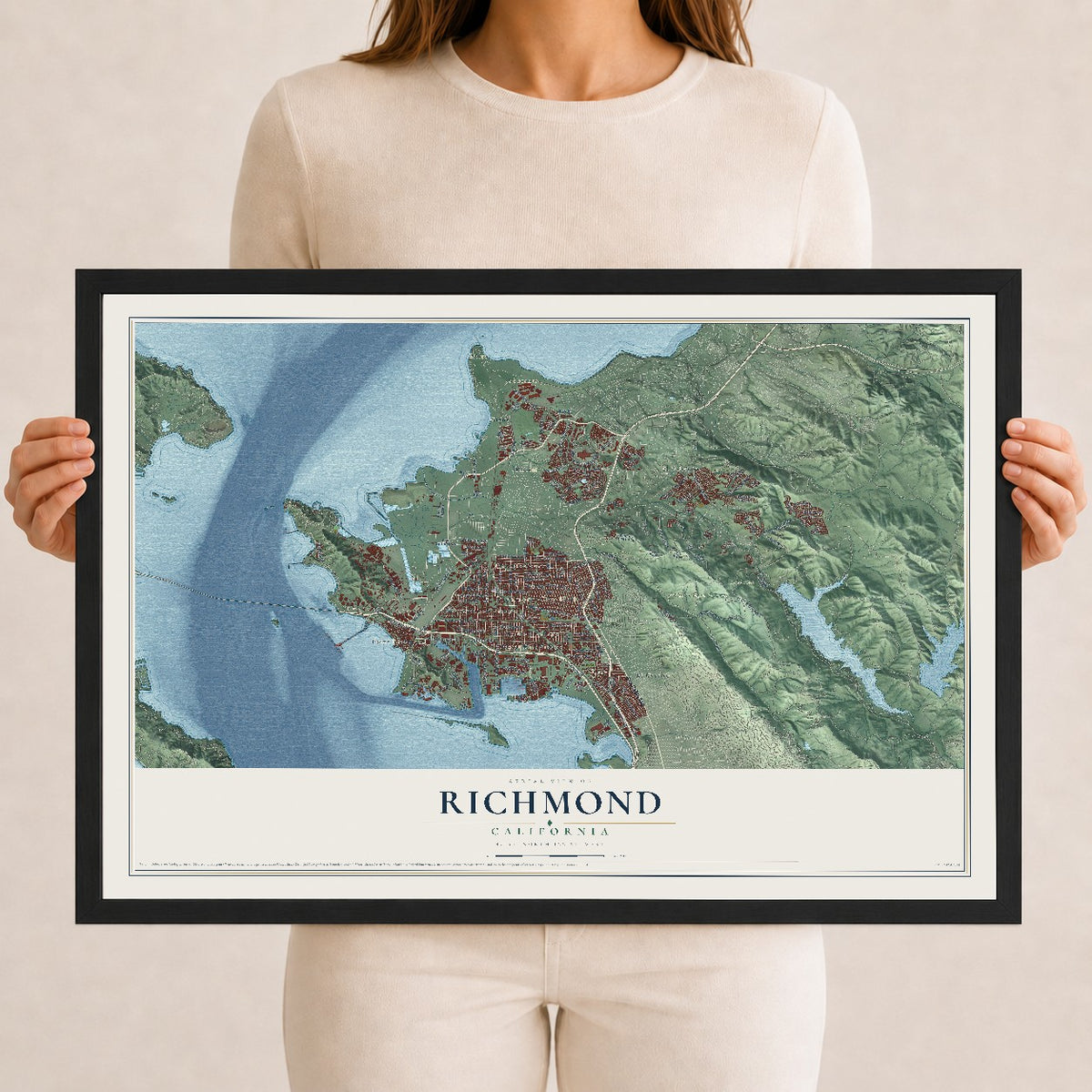 Map of Richmond, California, 12 x 18 inch print in a black wood frame