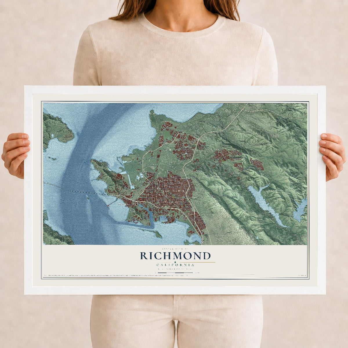 Map of Richmond, California, 12 x 18 inch print in a white wood frame