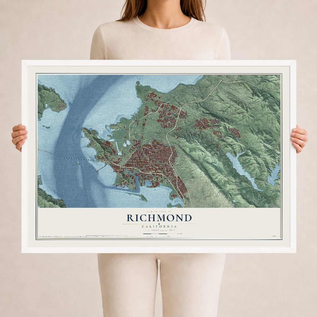 Map of Richmond, California, 24 x 36 inch print in a white wood frame