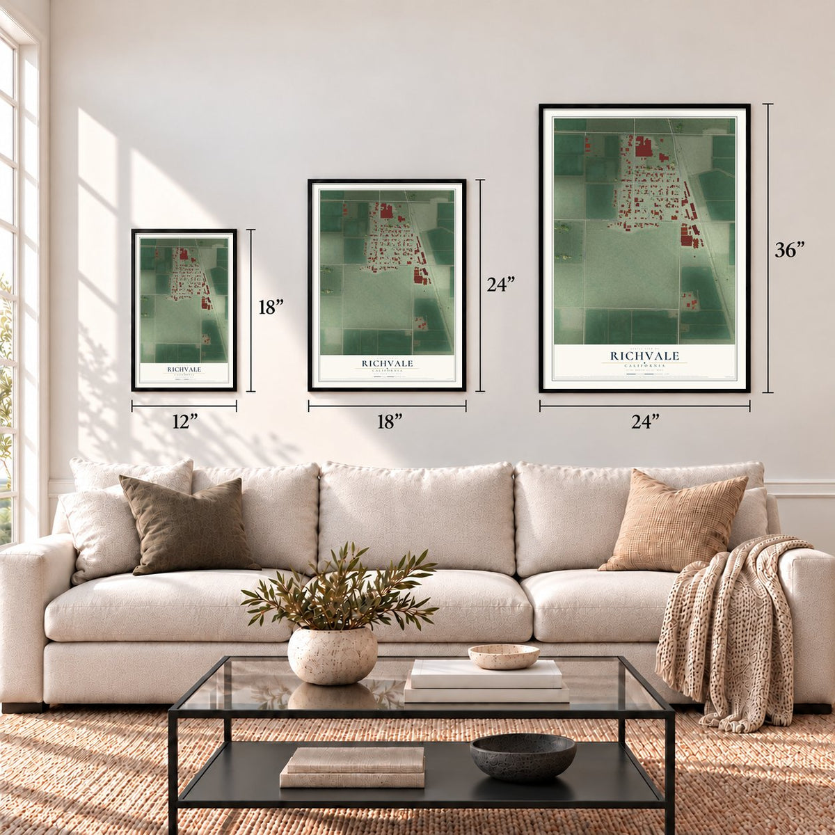 Richvale, California map in 12 x 18, 18 x 24 and 24 x 36 inch sizes above a sofa