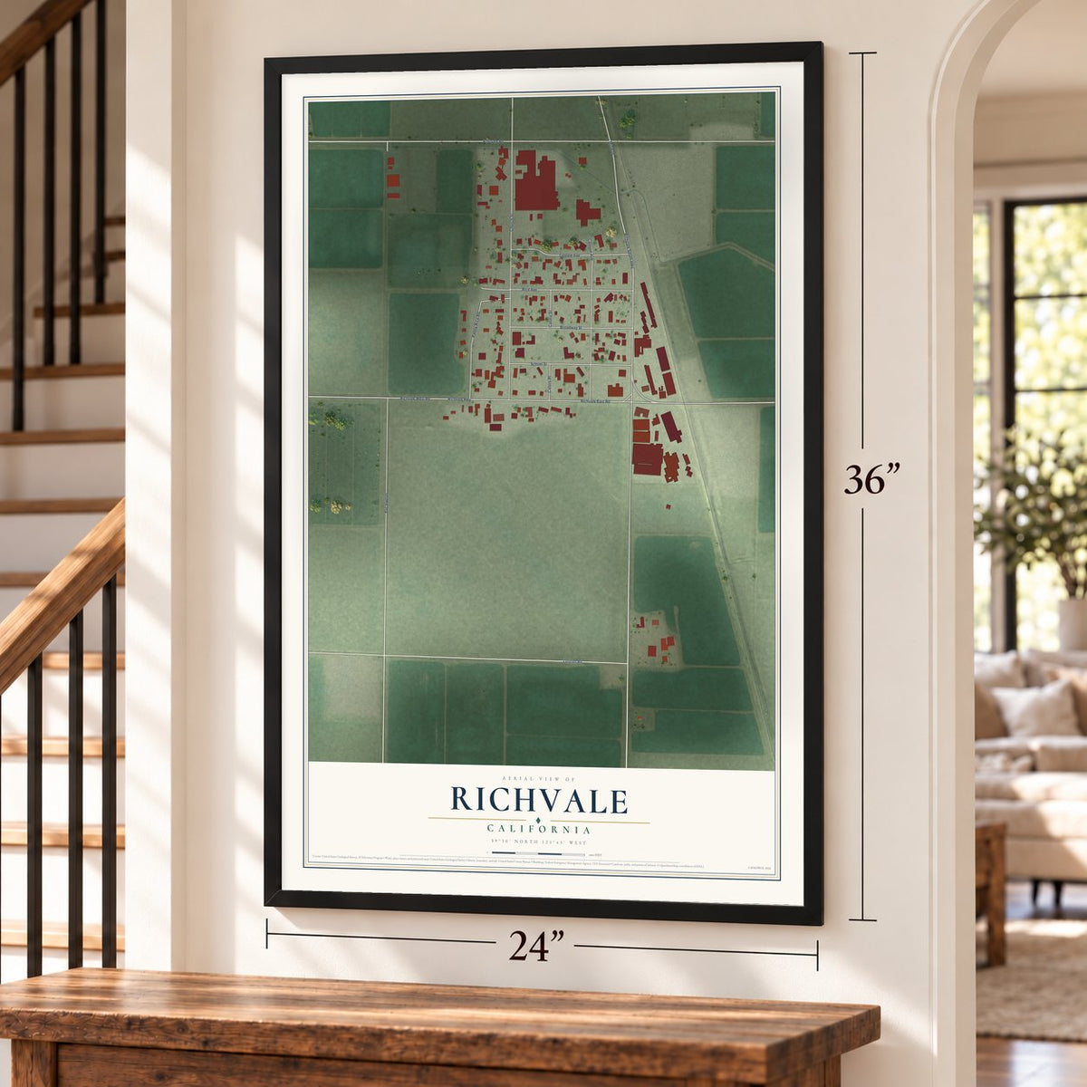 Richvale, California map, 24 x 36 inch print in a black frame by a staircase