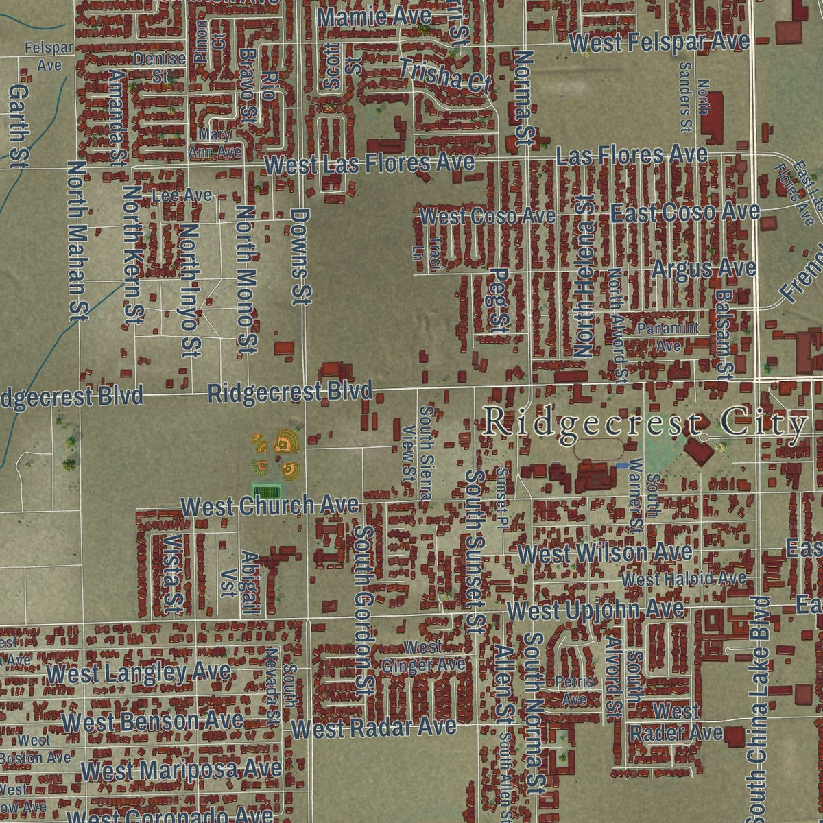 Close-up of the map of Ridgecrest, California print showing street and building detail