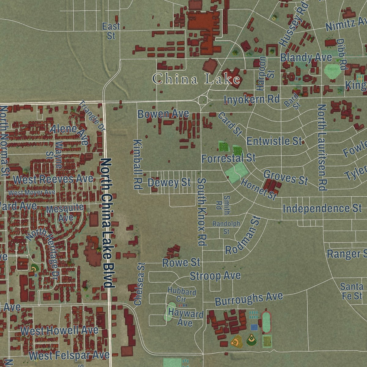 Second close-up of the map of Ridgecrest, California print showing more streets and buildings