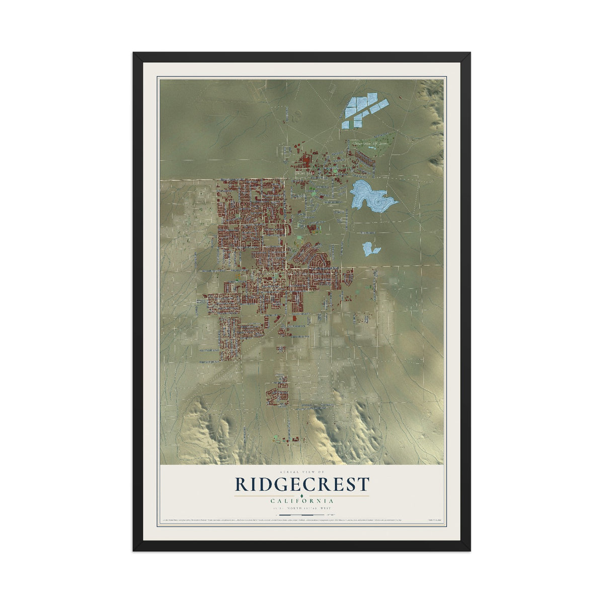 Map of Ridgecrest, California, 12 x 18 inch print in a black wood frame