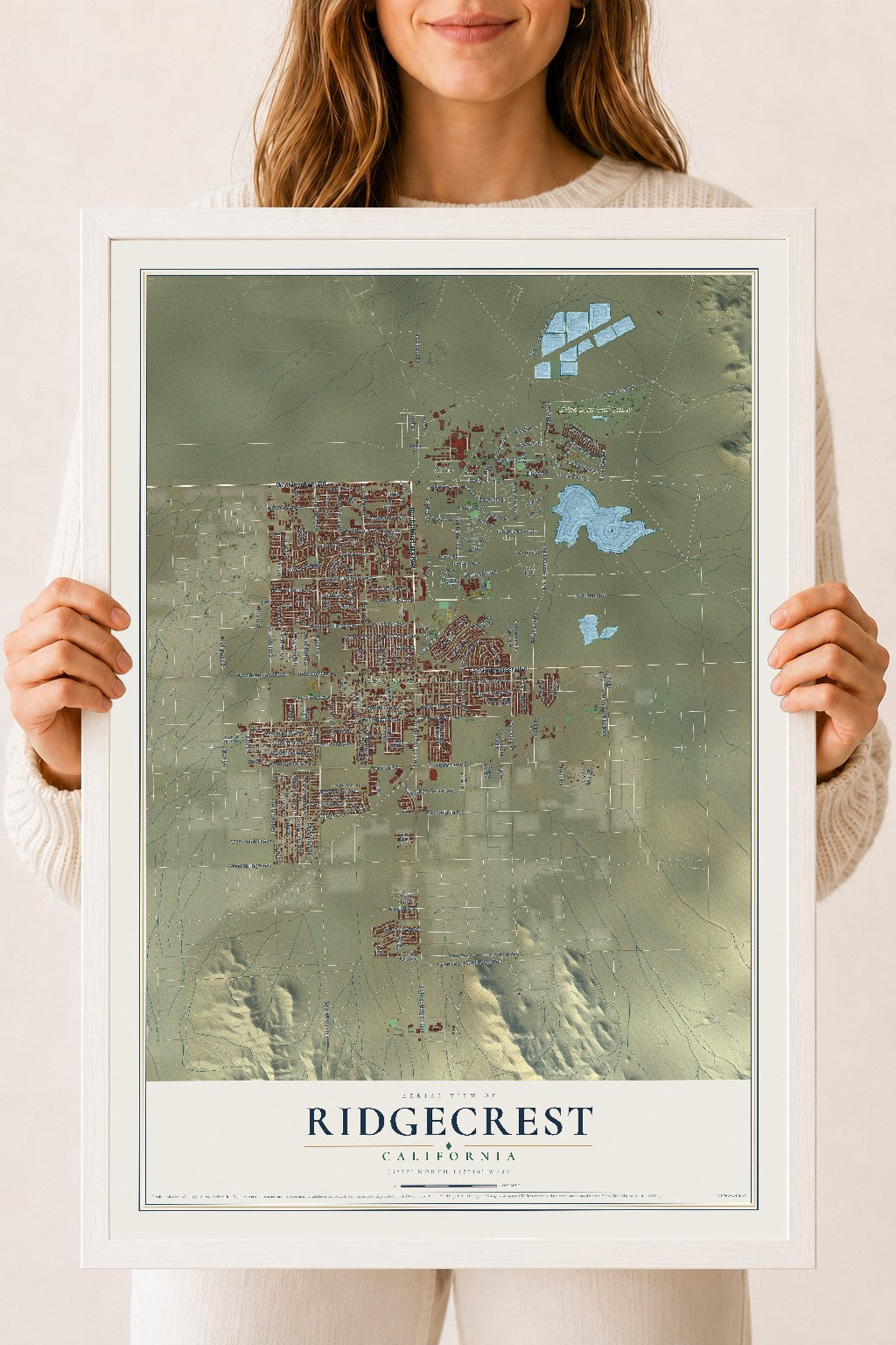 Map of Ridgecrest, California, 18 x 24 inch print in a white wood frame