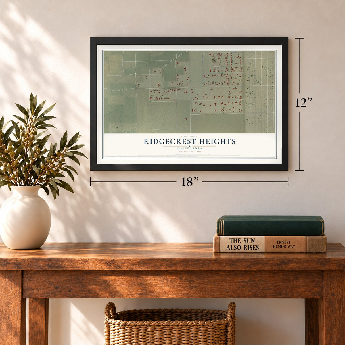 Ridgecrest Heights, California map, 12 x 18 inch print in a black frame in an entryway