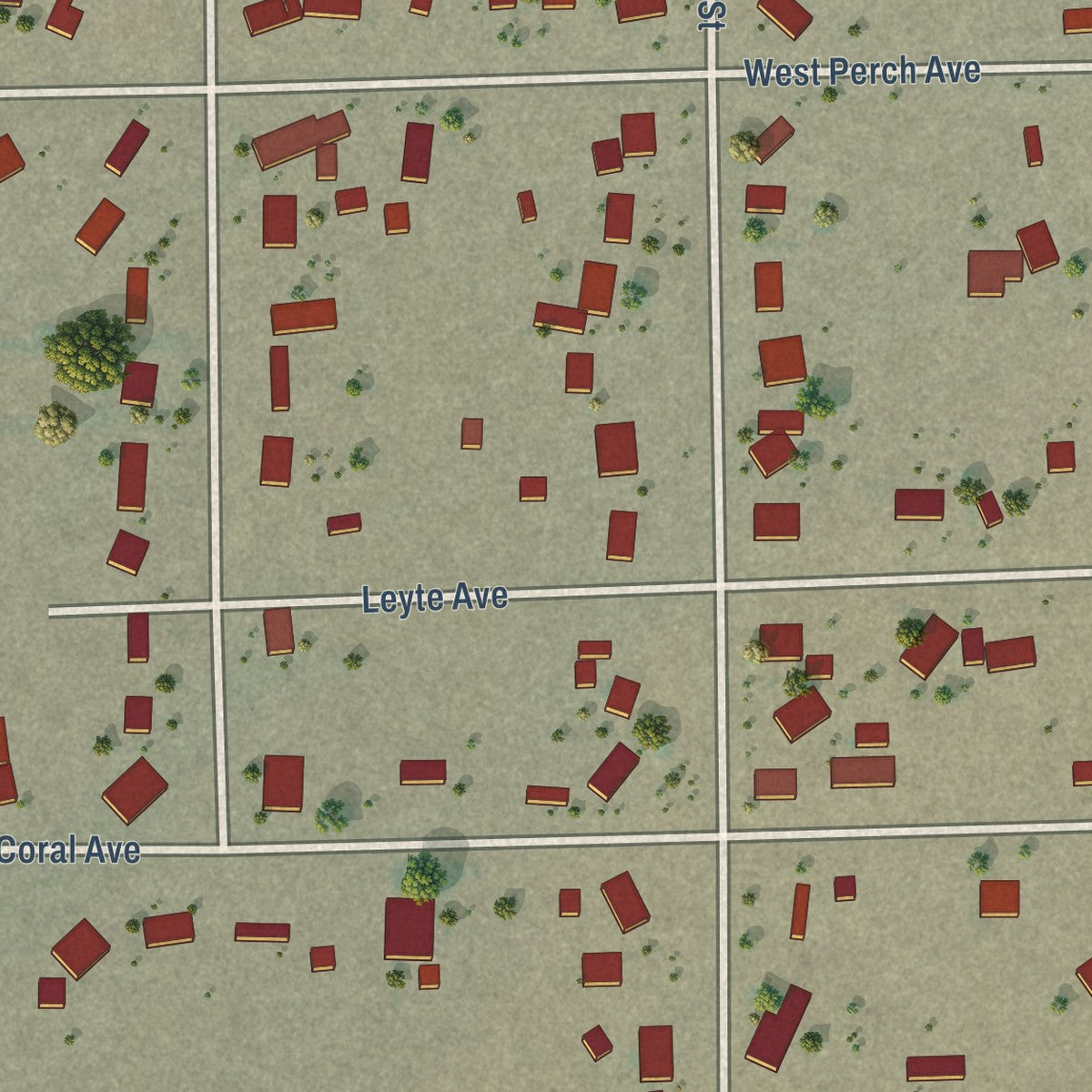Close-up of the map of Ridgecrest Heights, California print showing street and building detail