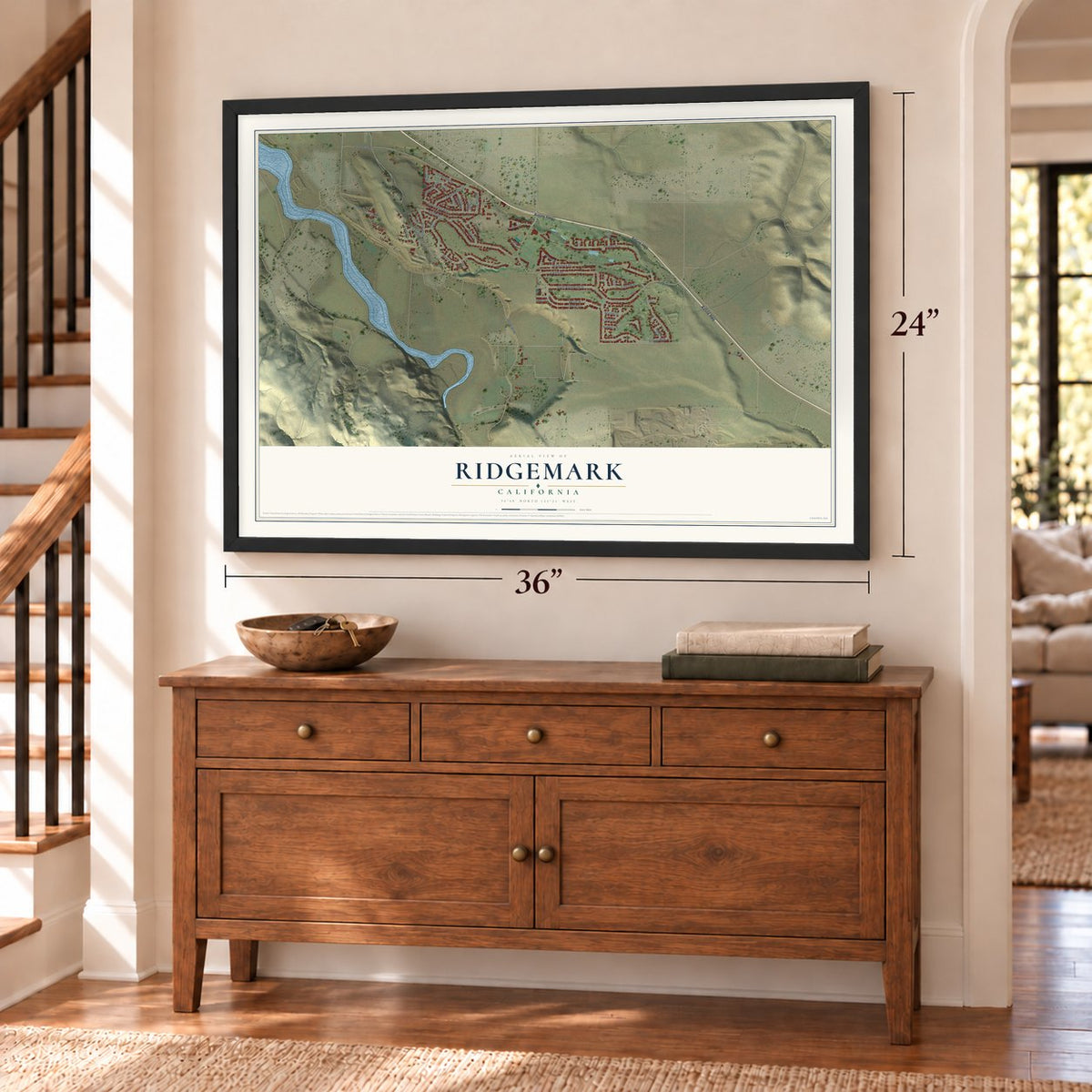 Ridgemark, California map, 24 x 36 inch print in a black frame above a dresser by a staircase