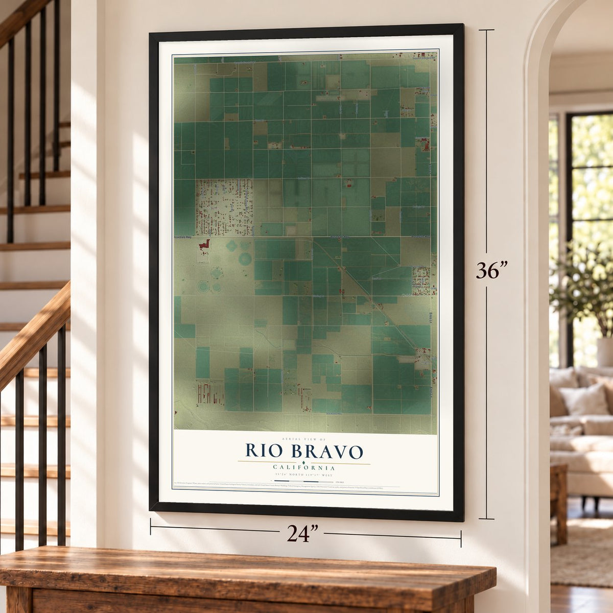 Rio Bravo, California map, 24 x 36 inch print in a black frame by a staircase
