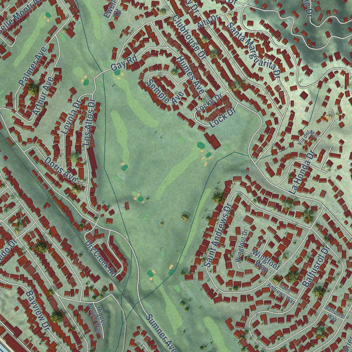 Close-up of the map of Rio del Mar, California print showing street and building detail