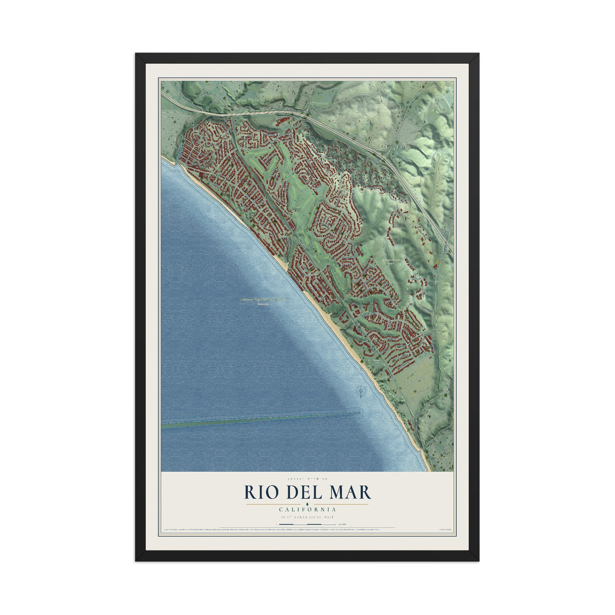 Map of Rio del Mar, California, 12 x 18 inch print in a black wood frame