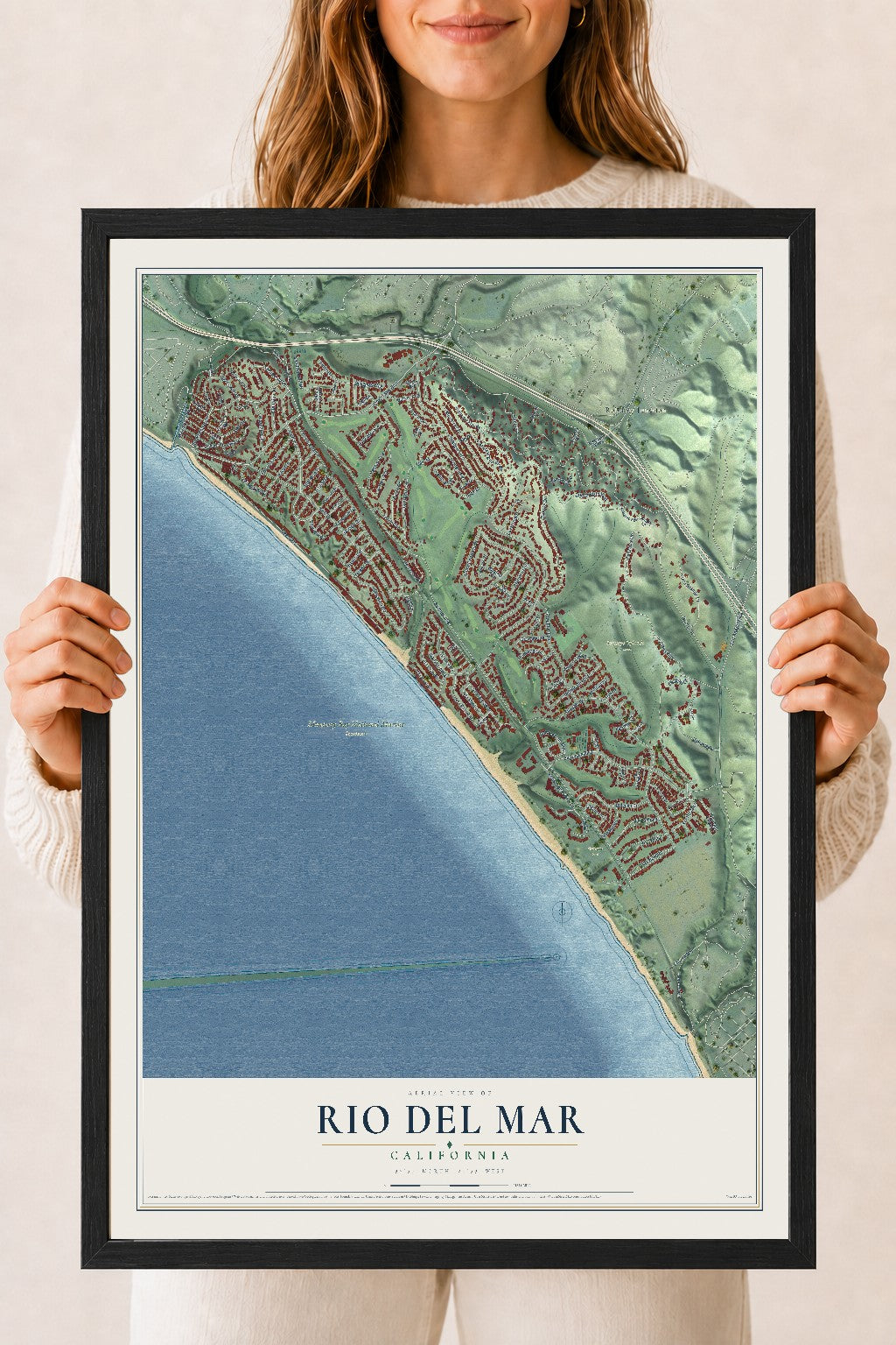 Map of Rio del Mar, California, 18 x 24 inch print in a black wood frame