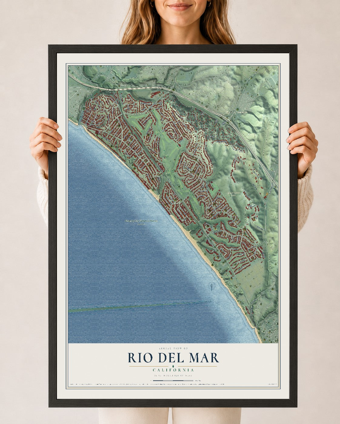Map of Rio del Mar, California, 24 x 36 inch print in a black wood frame