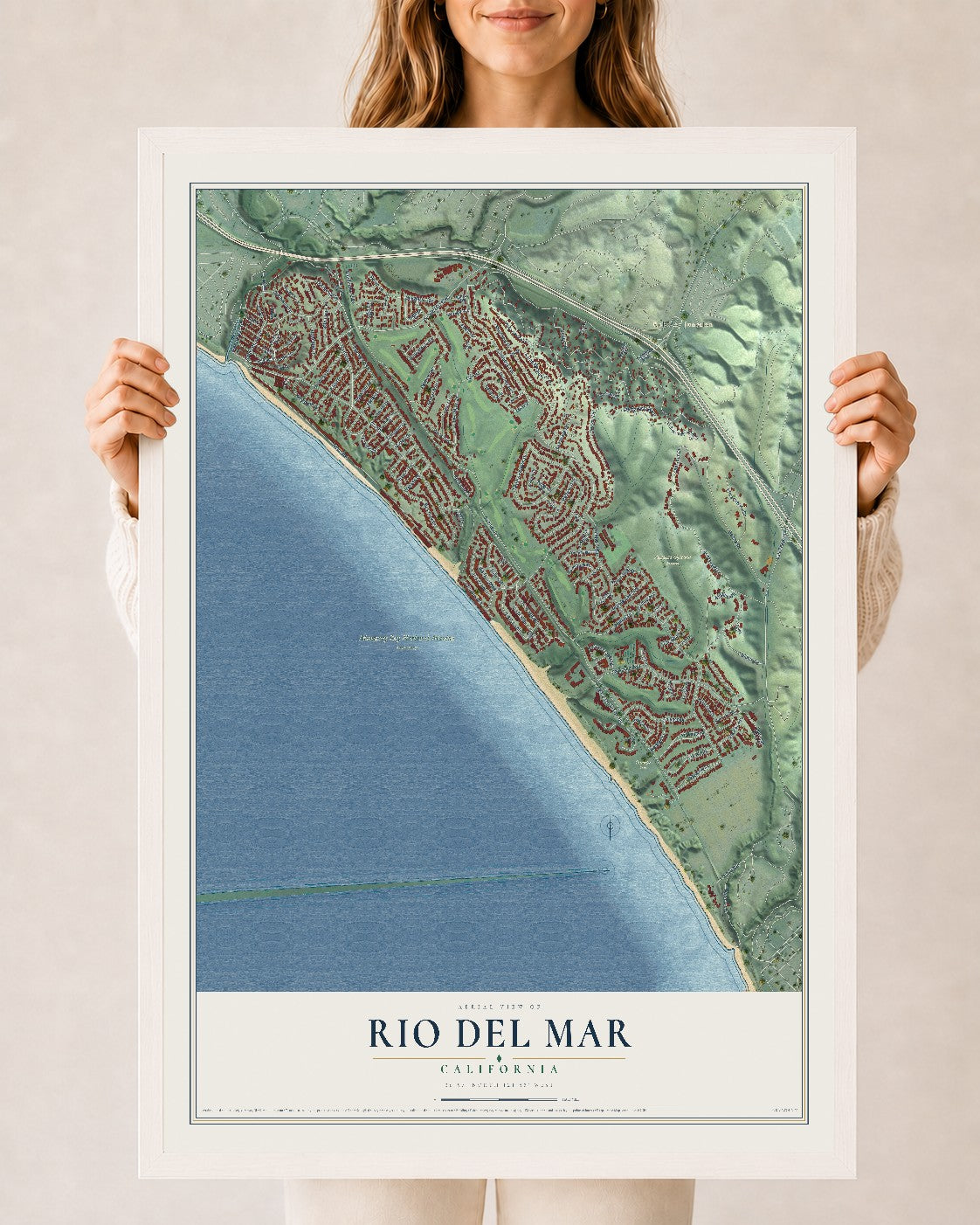 Map of Rio del Mar, California, 24 x 36 inch print in a white wood frame