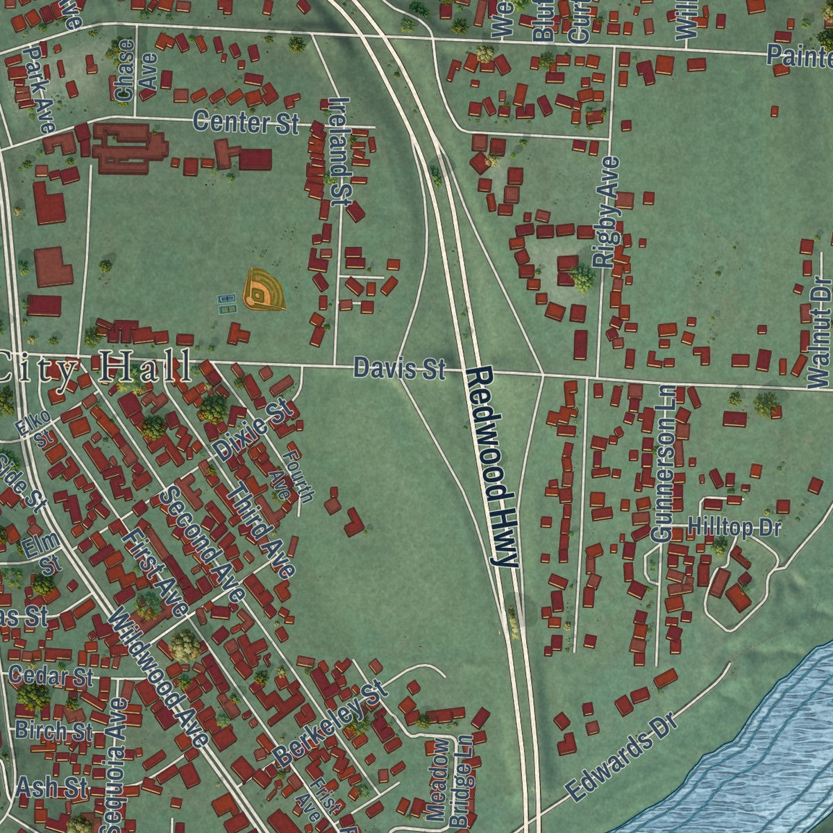 Close-up of the map of Rio Dell, California print showing street and building detail