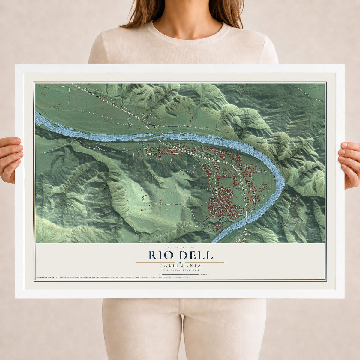 Map of Rio Dell, California, 18 x 24 inch print in a white wood frame
