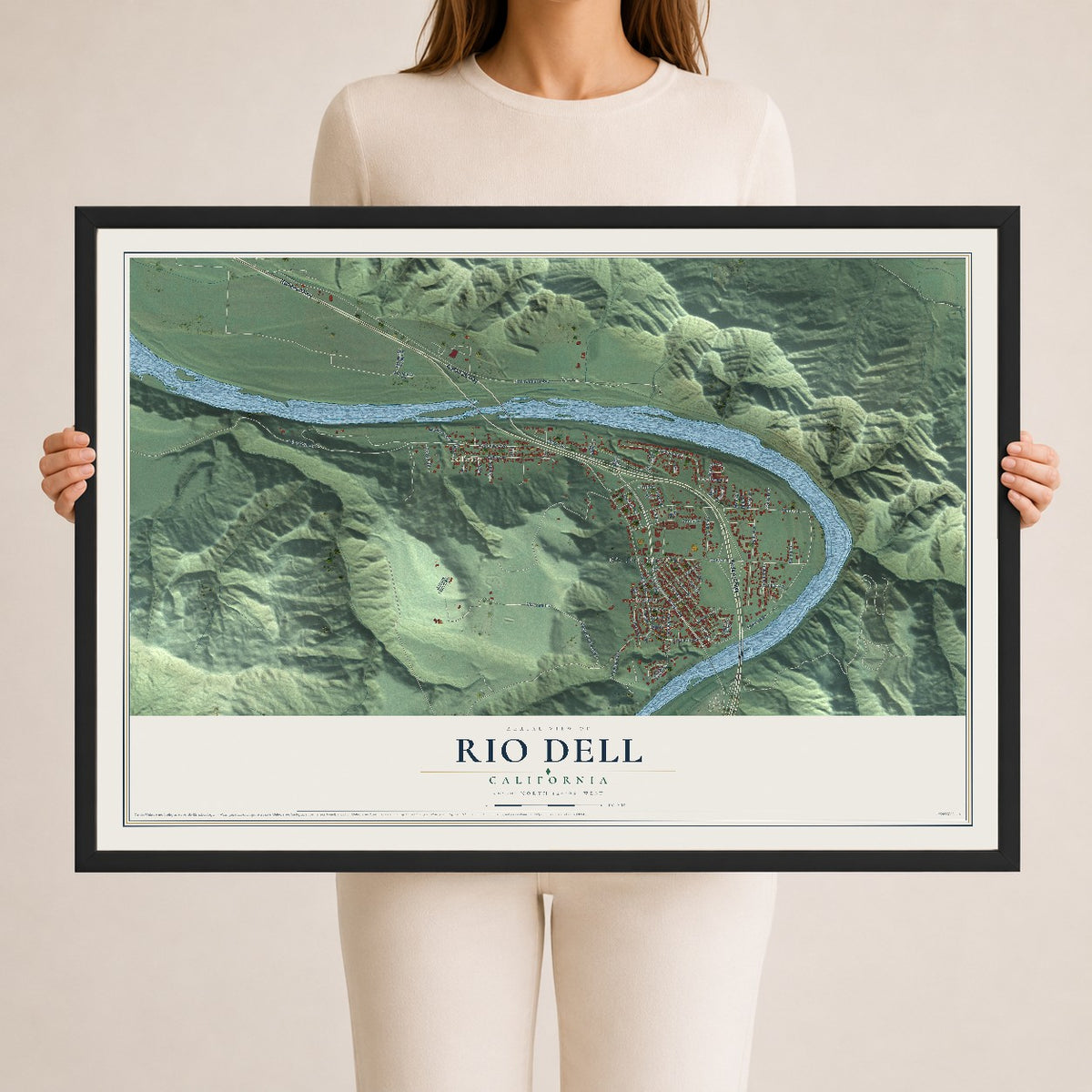 Map of Rio Dell, California, 24 x 36 inch print in a black wood frame