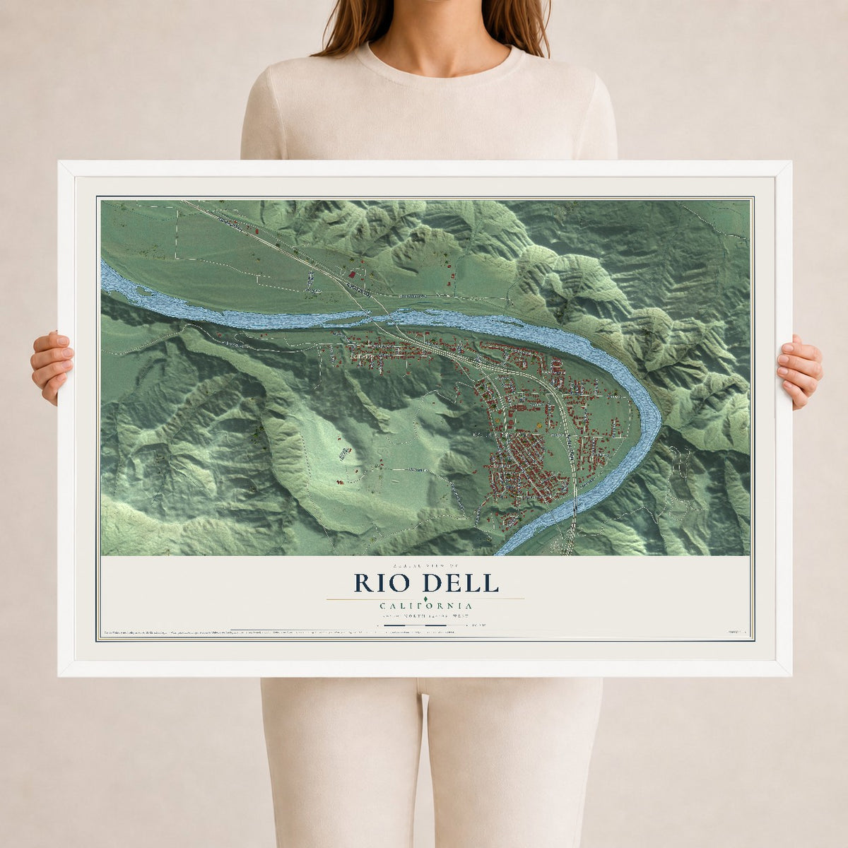 Map of Rio Dell, California, 24 x 36 inch print in a white wood frame