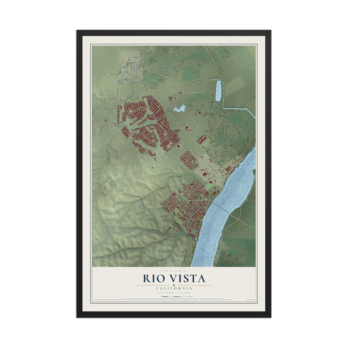 Map of Rio Vista, California, 12 x 18 inch print in a black wood frame